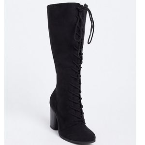 Black Faux Suede Lace-Up Boot
